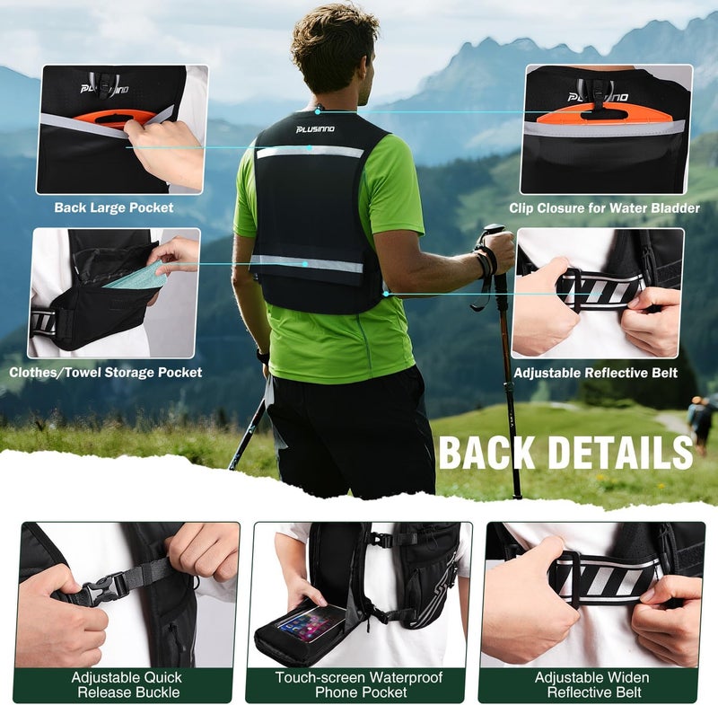PLUSINNO Running Vest for Women Men, Running Hydration Vest with 500ml Soft Flask & Touch-Screen Phone Pocket, Reflective Lightweight Hydration Backpack for Hiking with Adjustable Chest Waist Straps - Image 3